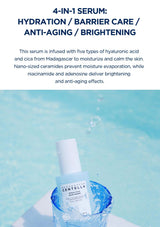 Serum bottle with text about its benefits on a blue gradient background