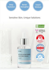 Serum bottle with labels indicating benefits and certifications on a white background