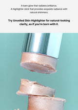 Highlighter stick with text describing its features on a light blue background