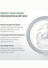 Product packaging with text about a moisturizer for sensitive and dry skin.