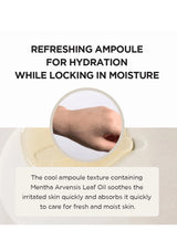 Text describing a refreshing ampoule for hydration with a close-up of a hand holding it.