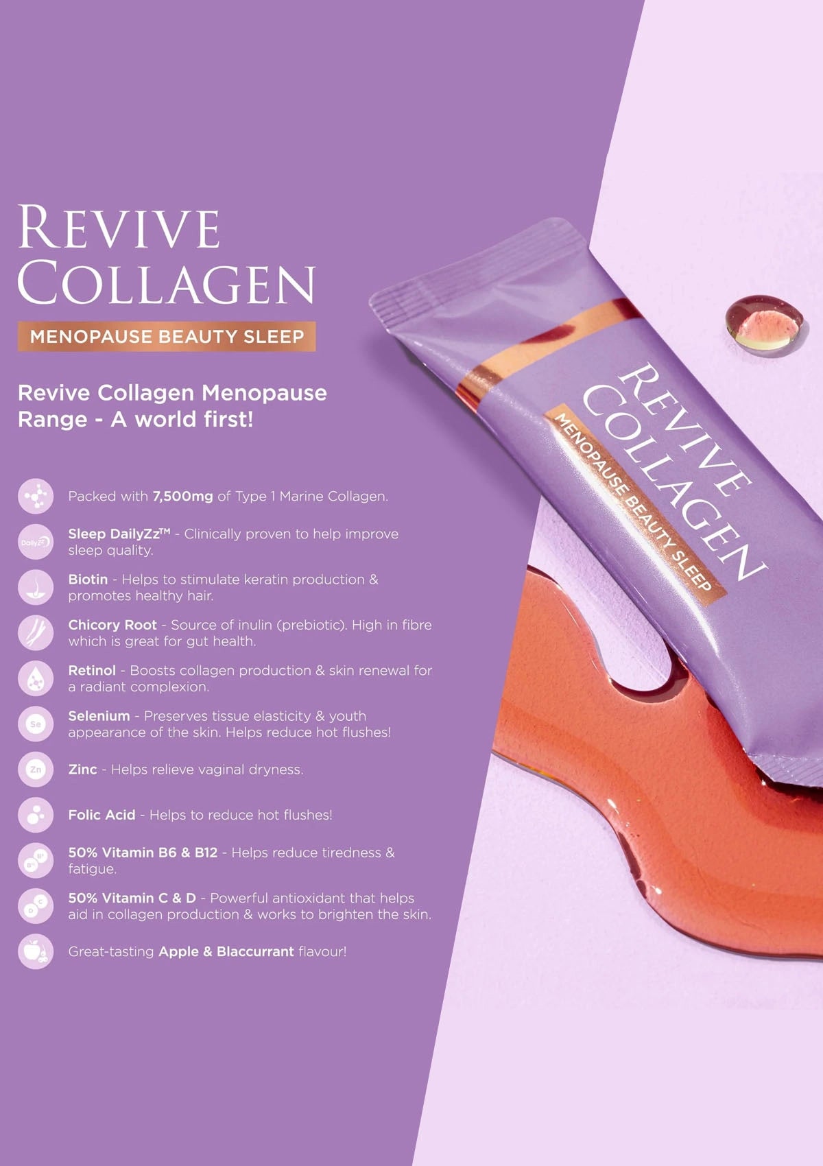Revive Collagen package on a purple background with text about menopause beauty sleep.
