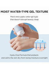 Hand applying gel to skin with text about moist water-type gel texture and Hyalu-Cica Formula.