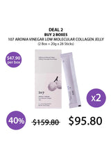 Promotional offer for 107 Aronia Vinegar Low Molecular Collagen Jelly with packaging and pricing details.