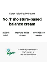 Advertisement for a moisture-based balance cream with text and a vegan logo on a white background.