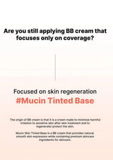 A text-based promotional graphic for Mucin Tinted Base BB cream, with black headline text on a white-to-pale-pink gradient background and descriptive copy about skin regeneration and BB cream benefits.