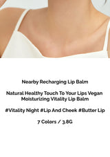 Lip balm product description with a blurred person wearing a white top.