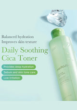 Green bottle of Daily Soothing Cica Toner with text on a light blue background