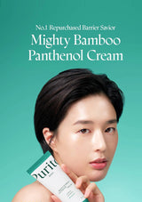 Woman holding a bottle of Purito Mighty Bamboo Panthenol Cream against a teal background