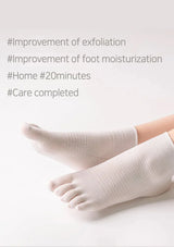 Person wearing white socks with text about exfoliation and foot moisturization on a light gray background