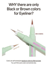 Eyeliner pencils in black and brown with 'Rosy Brown' and 'Warm Ash' labels on a white background.