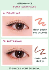 MERRYMONDE Super Twim Pen Eyeliner 07 Peach Fuzz and 08 Rosy Brown: eye makeup looks and colour swatches