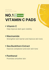 Vitamin C pads packaging with ingredients listed on a beige background