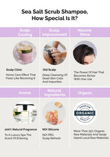Promotional graphic for Sea Salt Scrub Shampoo highlighting benefits and features.