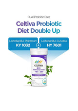 Celtiva Probiotic Diet Double Up supplement bottle with text highlighting Lactobacillus Plantarum KY 1032 and Lactobacillus Curatus HY 7601, shown on a white background with blue accents.