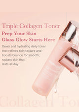Triple Collagen Toner bottle with promotional text on a light pink background