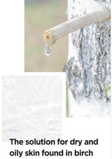 Birch tree with a drop of sap dripping, text about skin care solution.