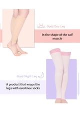 Overknee socks with text describing product features on a white background