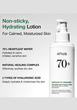 Anua 70+ non-sticky hydrating lotion bottle with product details on a white background