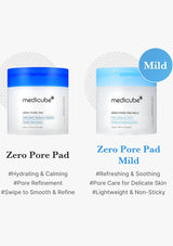 Two containers of Medicube Zero Pore Pad with text describing their features on a white background.