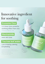 Two skincare bottles with exosome cica, niacinamide, and tea tree leaf water on a light green background.