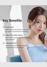 Woman holding a skincare product with text on key benefits