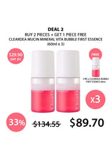 Promotional offer for Cleardea Mucin Mineral Vita Bubble First Essence with a free product included.