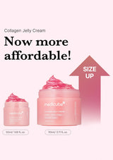 Collagen Jelly Cream packaging with size comparison on a gradient background
