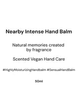 Advertisement for Nearby Intense Hand Balm with text on a white background