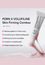 A cosmetic tube labeled PDRN Volume Filtrit shown on a soft pink and white background with marketing text about skin firming benefits.