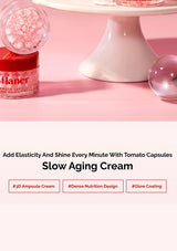 Flaner slow aging cream with tomato capsules on a pink background