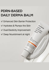 PDRN-based daily derma balm with text highlighting its benefits on a light gray background.