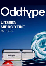 Oddtype unseen mirror tint packaging with a blue swirl design on a dark blue background