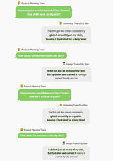 Text conversation between a product planning team and a design team about a skincare cream's performance on different skin types.