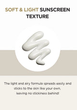 White sunscreen texture on a beige background with text about its soft and light texture.