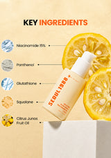 Skincare serum bottle with key ingredients listed on a beige background with lemon slices.