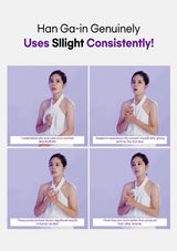 Four-panel image of a woman in a white top with text about using 'Slight' consistently.
