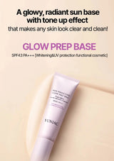 Yunjac Glow Prep Base tube on a beige background with promotional text.