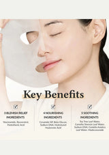 Woman applying a face mask with text detailing key benefits on a white background