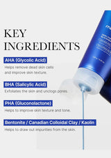 Blue skincare product with key ingredients listed on a white background