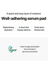 Advertisement for a well-adhering serum pad with text and a Vegan logo on a white background.
