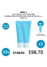 Promotional graphic for Clear Dea Pure Fit Tinted Sun Lotion with pricing and deal details.