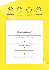 Product packaging with idebenone information on a yellow background