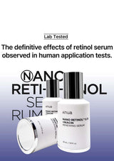 Two bottles of Anua Nano Retinol Serum on a gradient background with text about lab-tested effects.