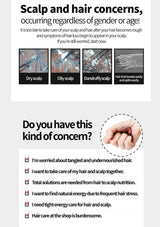 Advertisement about scalp and hair concerns with images of dry, oily, and dandruffy scalps.