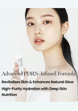 Woman holding a skincare product with text about Advanced PDRN-Infused Formula on a white background