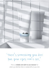 Cleanser tube on a white tiled wall with text overlay