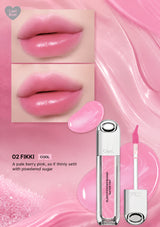 Lip gloss with packaging and close-up of lips wearing the product on a white background