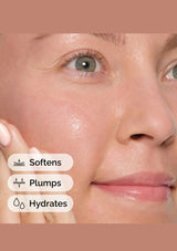 Close-up of a woman's face with text indicating skin benefits on a beige background. The Ordinary Marine Hyaluronic serum bottle with text on a white background