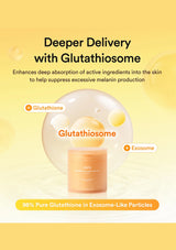 A skincare product jar labeled 'NIA' on a soft yellow background with promotional text about glutathione and exosome delivery.